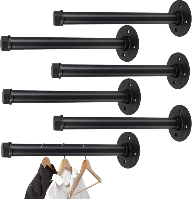 Pintuson 6 Pcs Industrial Pipe Clothes Bar 10 Inch - Wall Mount Clothing Rack - Face Out Closet Rods for Hanging Clothes Commercial Retail Boutique Laundry Shirt Display - Black - Image 1